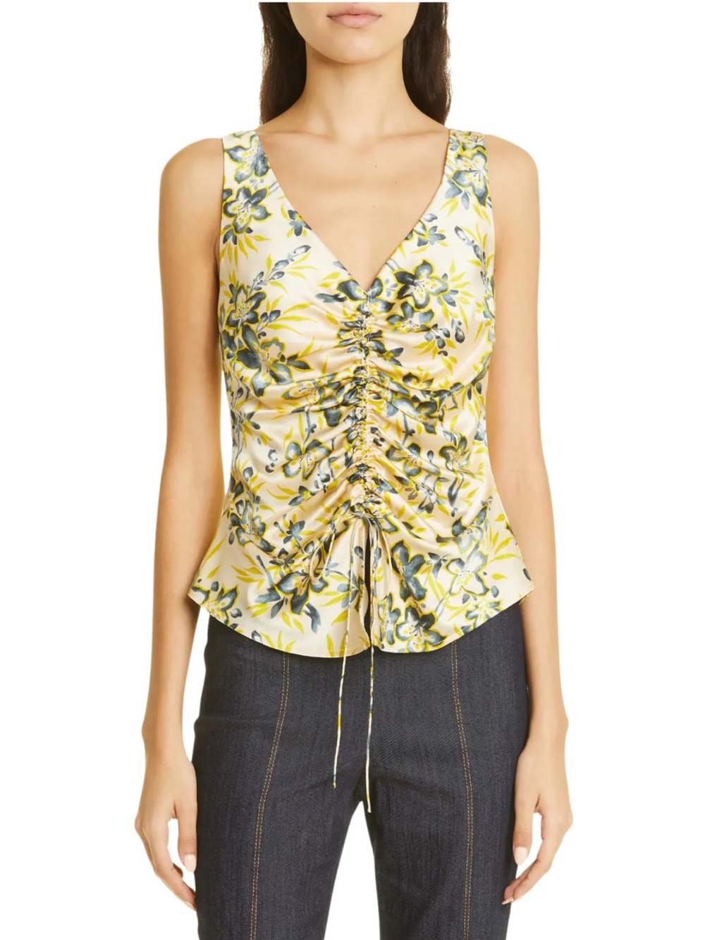 cinq a sept Yellow Floral Ruched V-Neck Tank Top